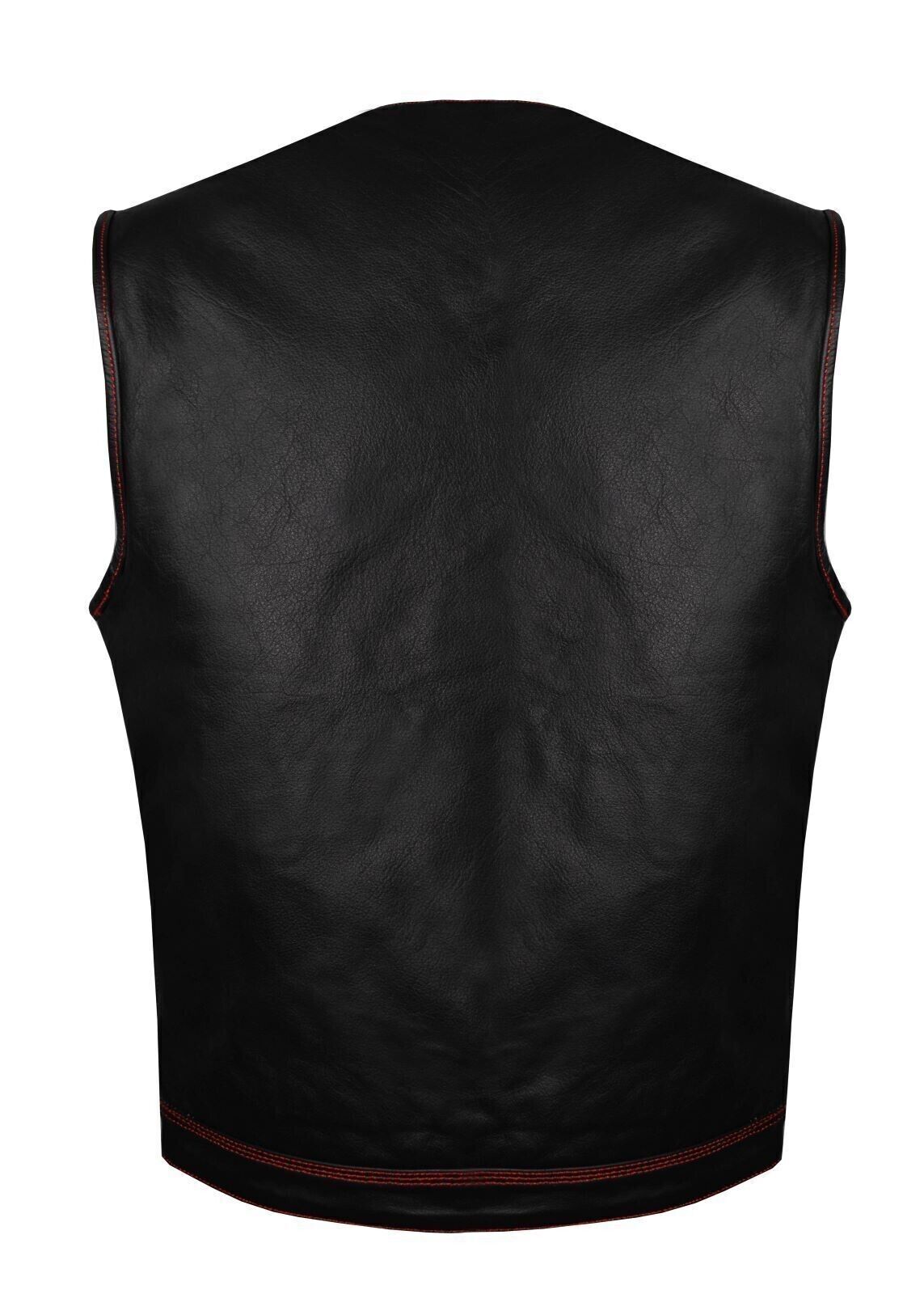 Men's Black Leather Biker Vest – Red Paisley Lining, Contrast Stitching, Handmade Waistcoat