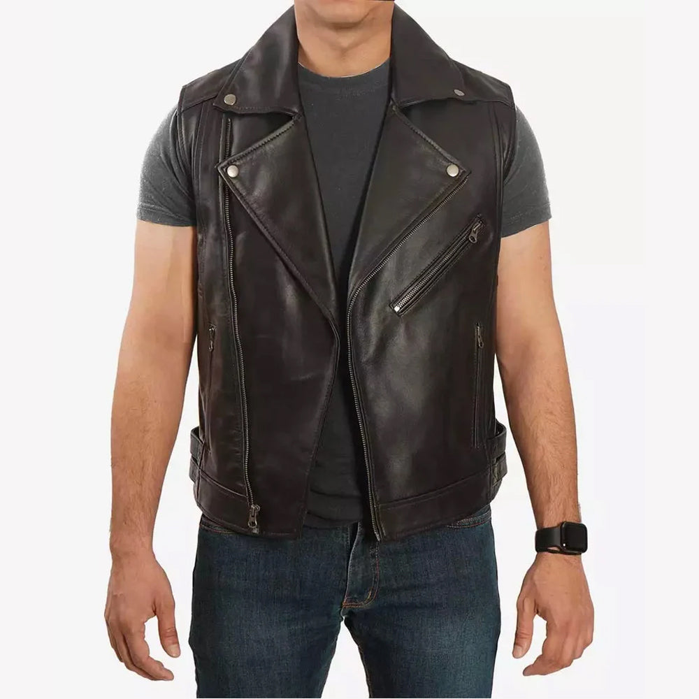 Nolan Men's Asymmetrical Black Leather Motorcycle Vest