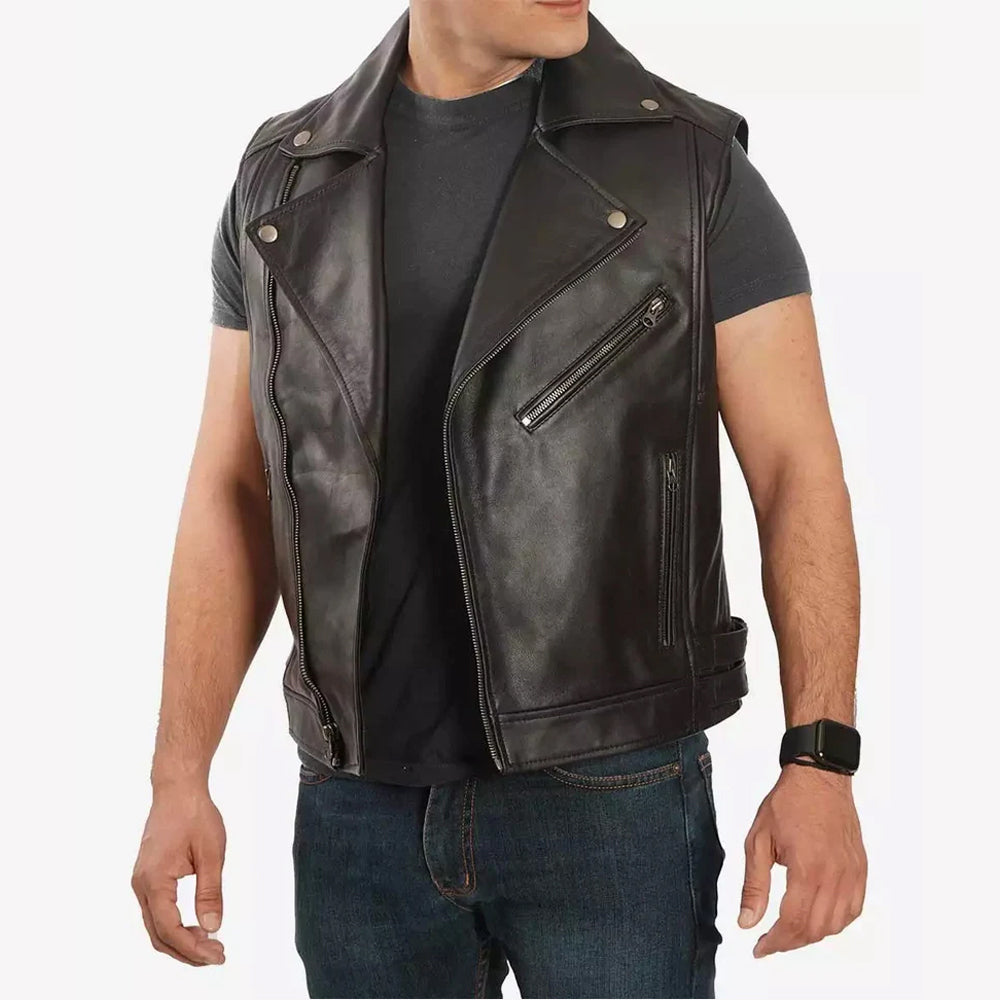 Nolan Men's Asymmetrical Black Leather Motorcycle Vest