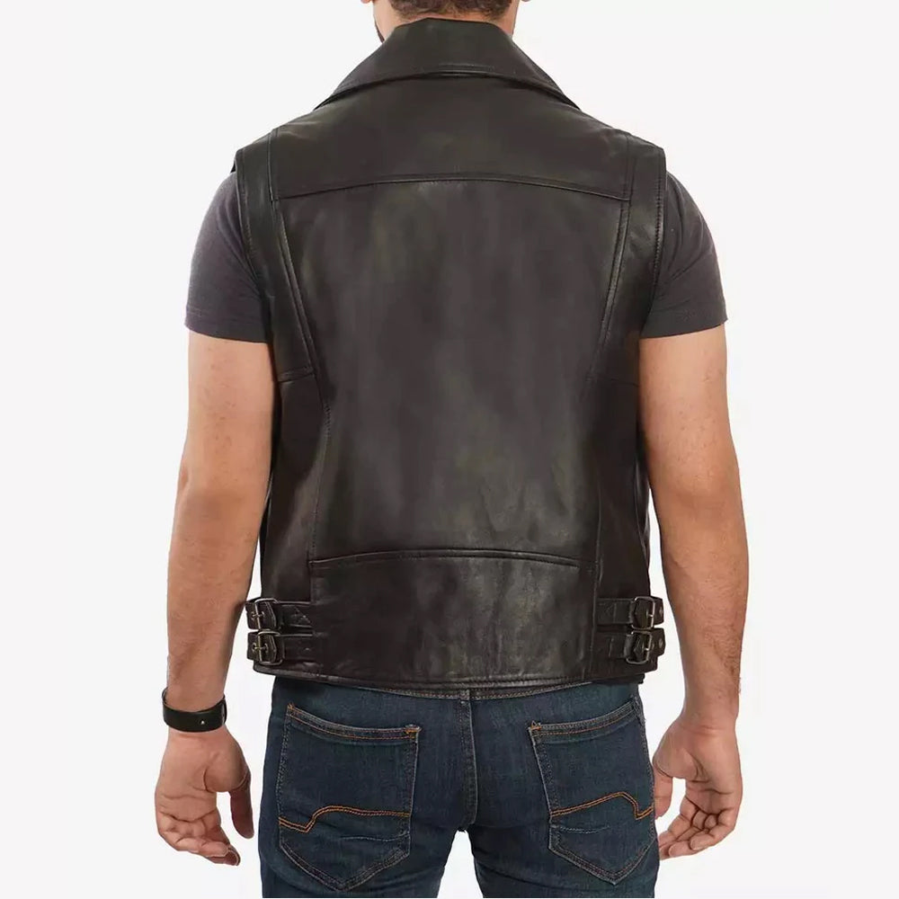 Nolan Men's Asymmetrical Black Leather Motorcycle Vest