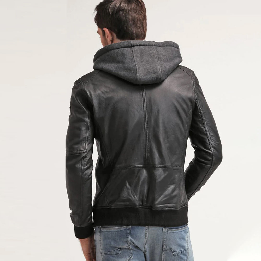 Men's Black Leather Hooded Bomber Jacket