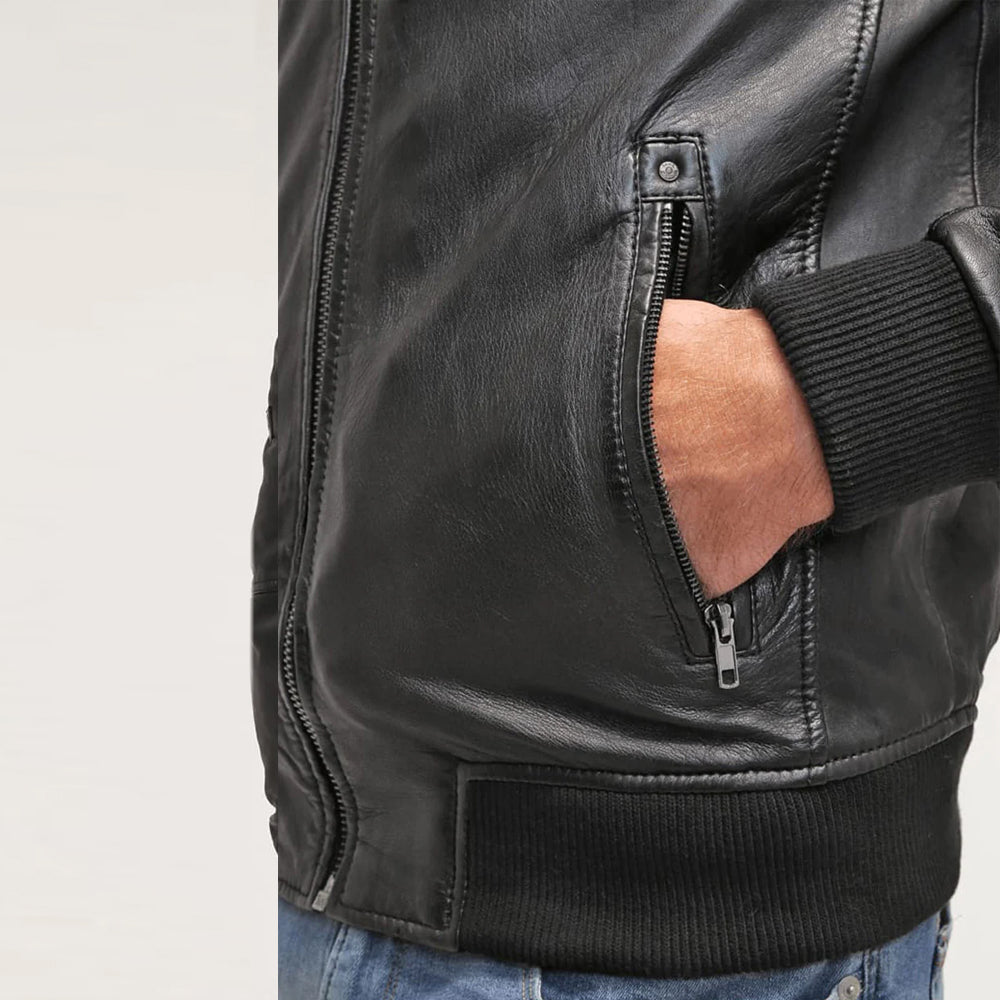 Men's Black Leather Hooded Bomber Jacket