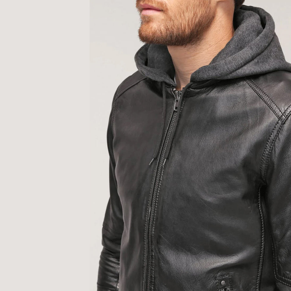 Men's Black Leather Hooded Bomber Jacket