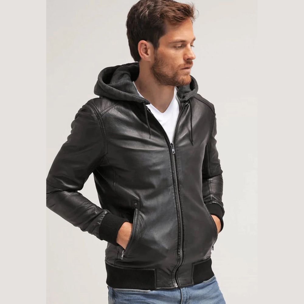 Men's Black Leather Hooded Bomber Jacket