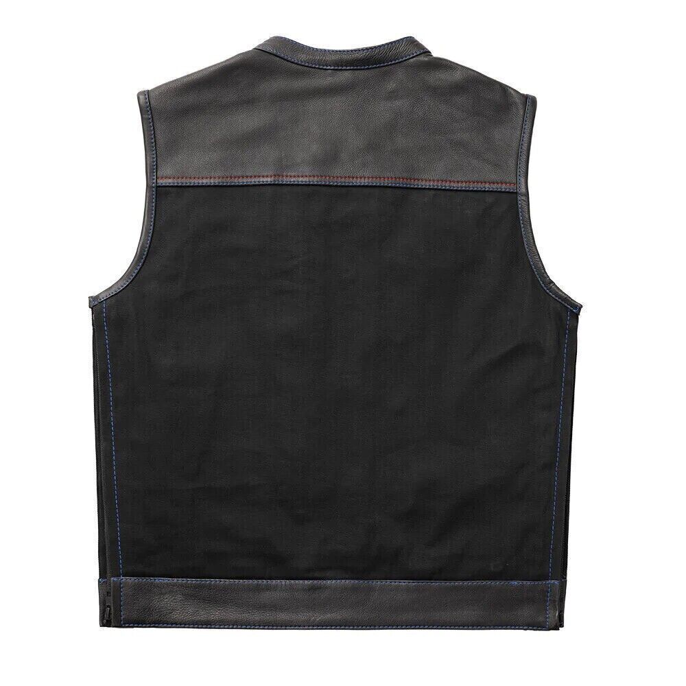 Men's Black Leather Denim Biker Vest, Red Paisley Quilted Lining, Custom Stitch Waistcoat