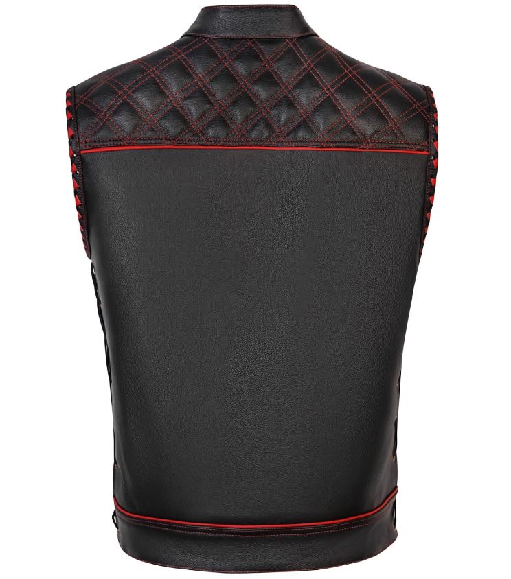 Men's Black Leather Motorcycle Vest: Diamond Stitch Biker Vest with Red Lining
