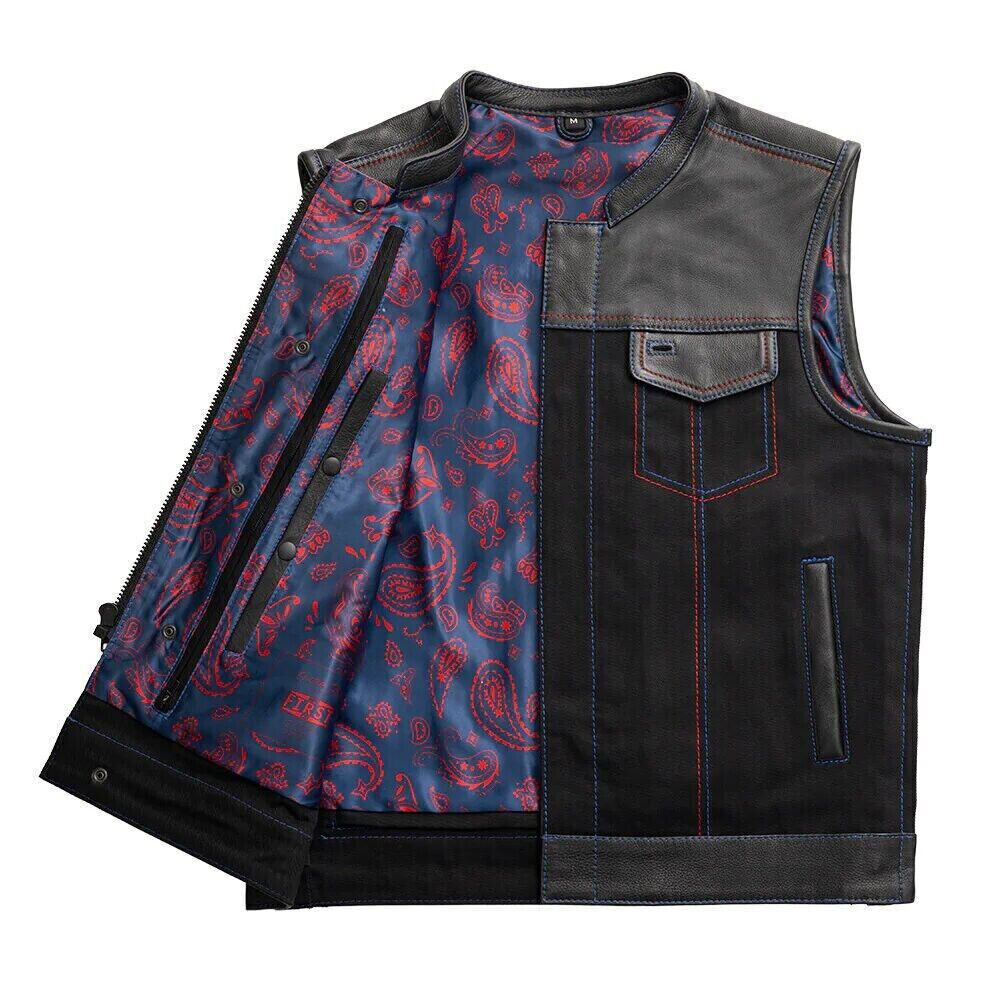 Men's Black Leather Denim Biker Vest, Red Paisley Quilted Lining, Custom Stitch Waistcoat