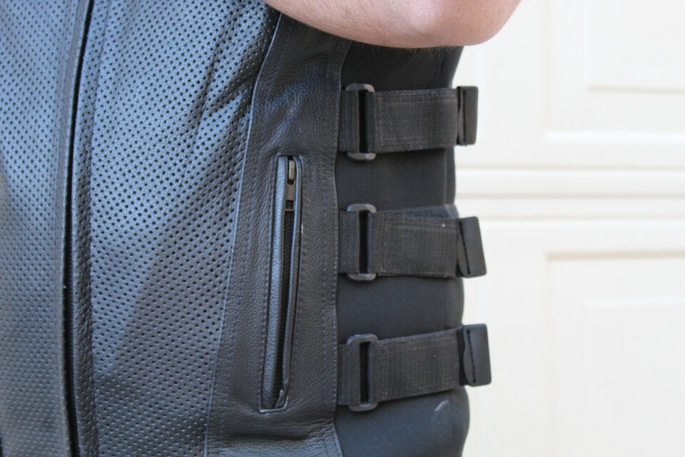 Men's Black Leather Motorcycle Vest – Perforated Front Panel, Side Buckle Straps & YKK Zipper