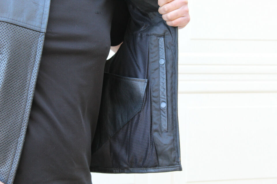 Men's Black Leather Motorcycle Vest – Perforated Front Panel, Side Buckle Straps & YKK Zipper