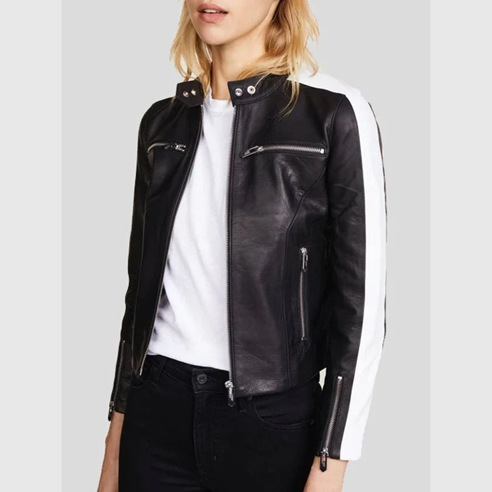 Womens Zipper Pockets Black Leather Jacket