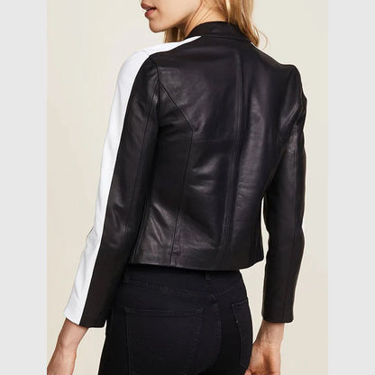 Womens Zipper Pockets Black Leather Jacket