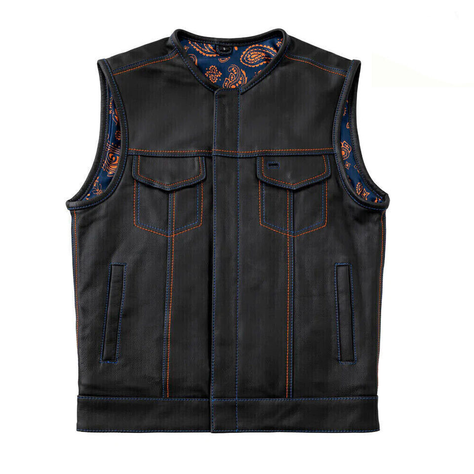 Men's Premium Leather Vest Fashion Blue-Orange Paisely Lining Motor-cycle Waist-coat