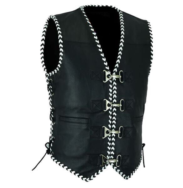 Genuine Calf Leather Australia Womens Rider Leather Motorcycle Vest Black/White