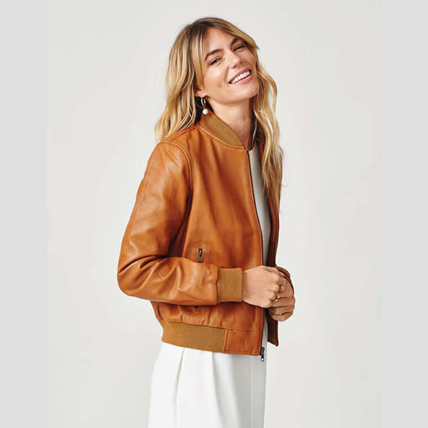 Womens Bolzano Light Brown Bomber Leather Jacket