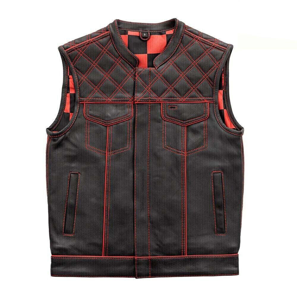 Women's Black Leather Vest Yellow & Black Checker Inner Motorbike Riding Waistcoat