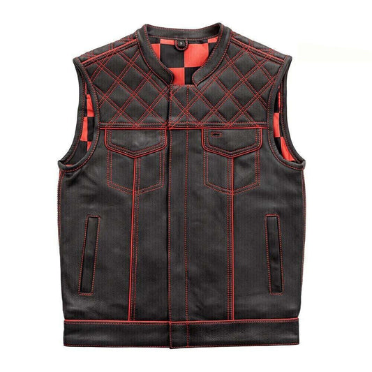 Men's Black Leather Vest Yellow & Black Checker Inner Motorbike Riding Waistcoat