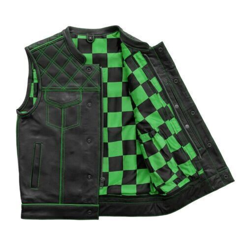 Men's Black Leather Vest  Green & Black Checker Inner Motorbike Riding Waistcoat