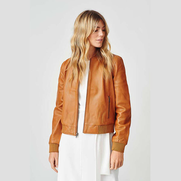 Womens Bolzano Light Brown Bomber Leather Jacket