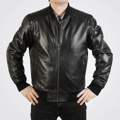 Men Quilted Style Black Genuine Leather Bomber Jacket