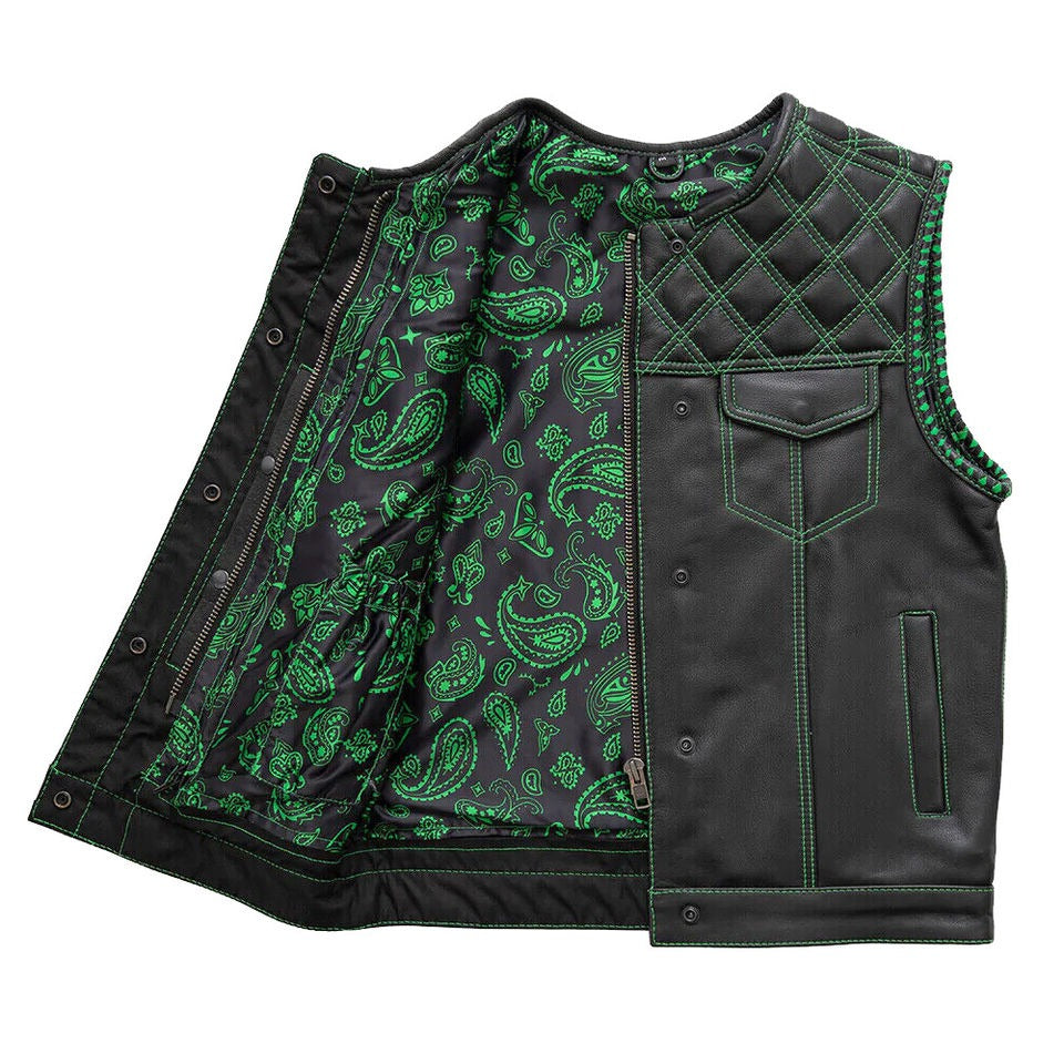 Women's Leather Vest With Black-Green Paisley Inner Lining Motorcycle Concealed Waistcoat