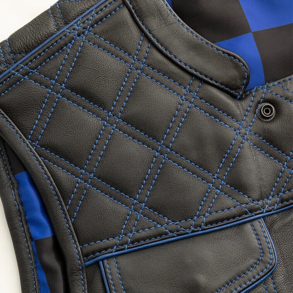 Women's Black Leather Vest Blue & Black Checker Inner Motorbike Riding Waistcoat