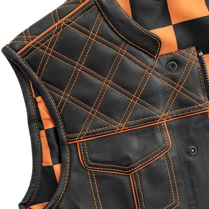 Men's Black Leather Vest Orange & Black Checker Inner Motorbike Riding Waistcoat