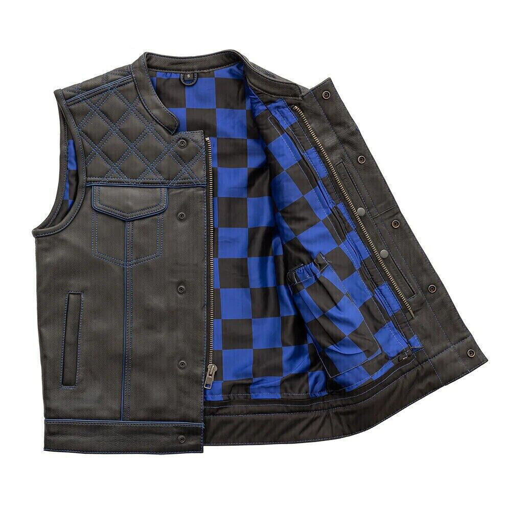 Women's Black Leather Vest Blue & Black Checker Inner Motorbike Riding Waistcoat