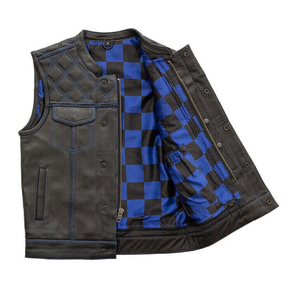 Men's Black Leather Vest Blue & Black Checker Inner Motorbike Riding Waistcoat