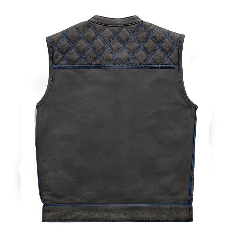 Men's Black Leather Vest Blue & Black Checker Inner Motorbike Riding Waistcoat