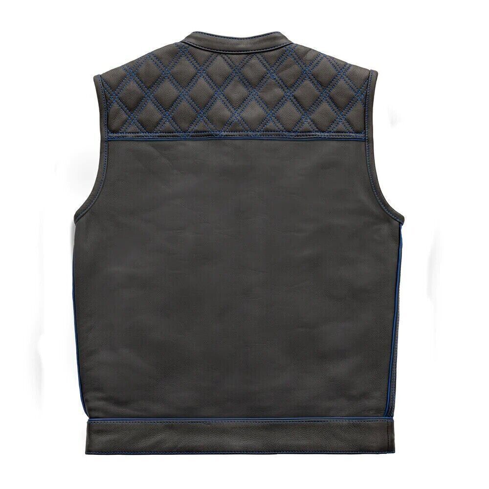 Women's Black Leather Vest Blue & Black Checker Inner Motorbike Riding Waistcoat