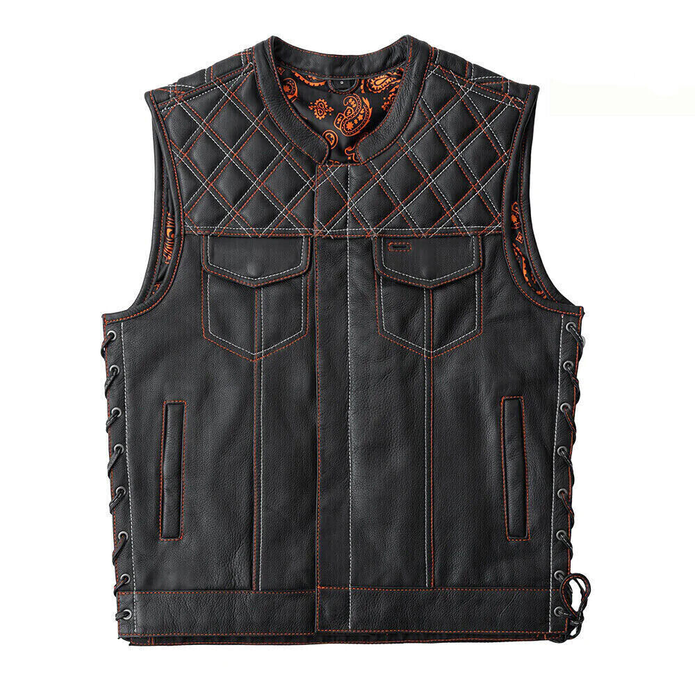 Men's Leather Vest With Black-Green Paisley Inner Lining Motorcycle Concealed Waistcoat