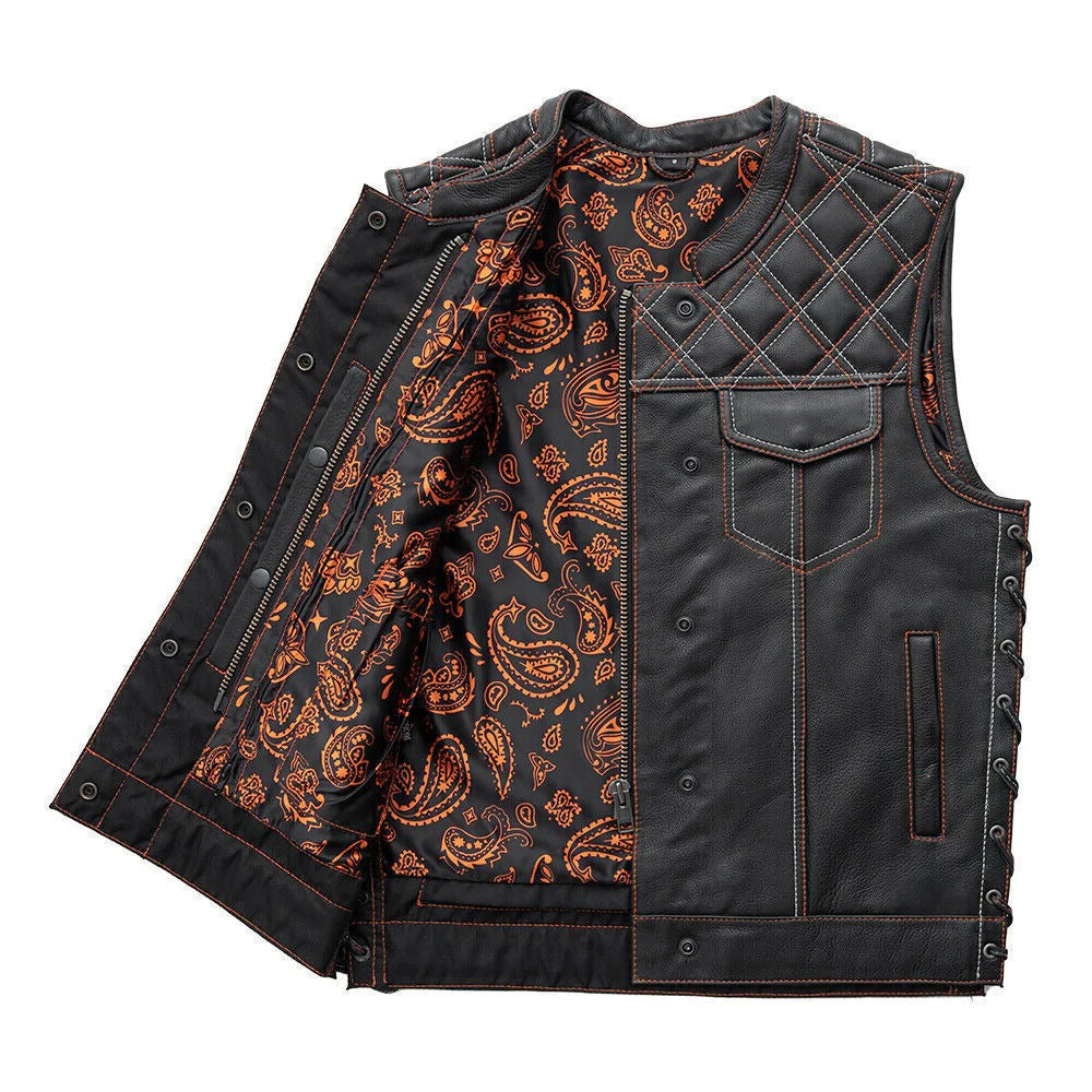 Men's Leather Vest With Black-Green Paisley Inner Lining Motorcycle Concealed Waistcoat