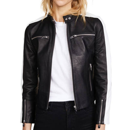 Womens Zipper Pockets Black Leather Jacket