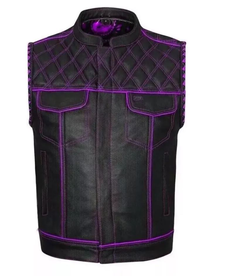 Men's Black Leather Biker Vest: Purple Lining Motorcycle Waistcoat