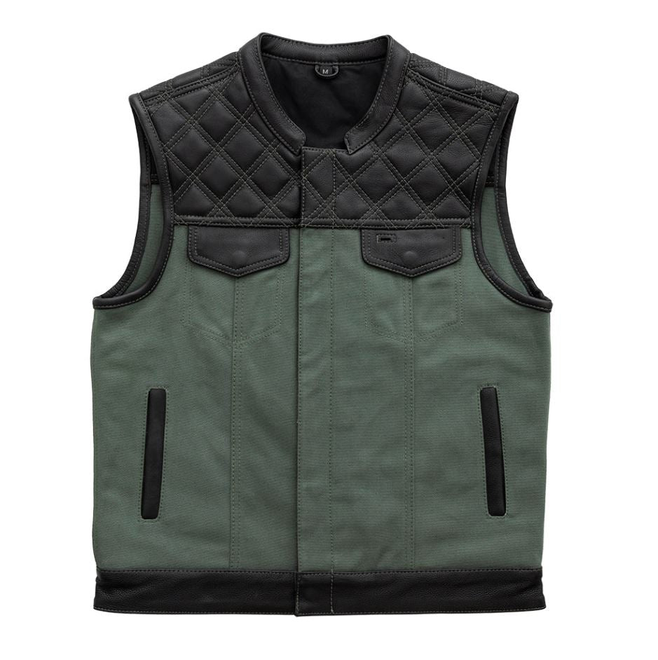 Hunt Club Motorcycle Leather Canvas Vest Green Men Biker Waistcoat Riding Gear