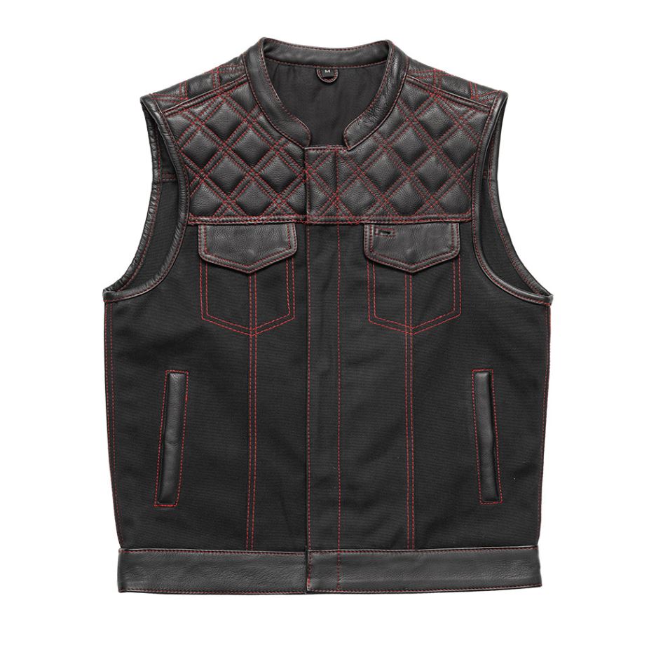 Hunt Club Motorcycle Leather & Canvas Vest Black/Red Biker Waistcoat Men Riding