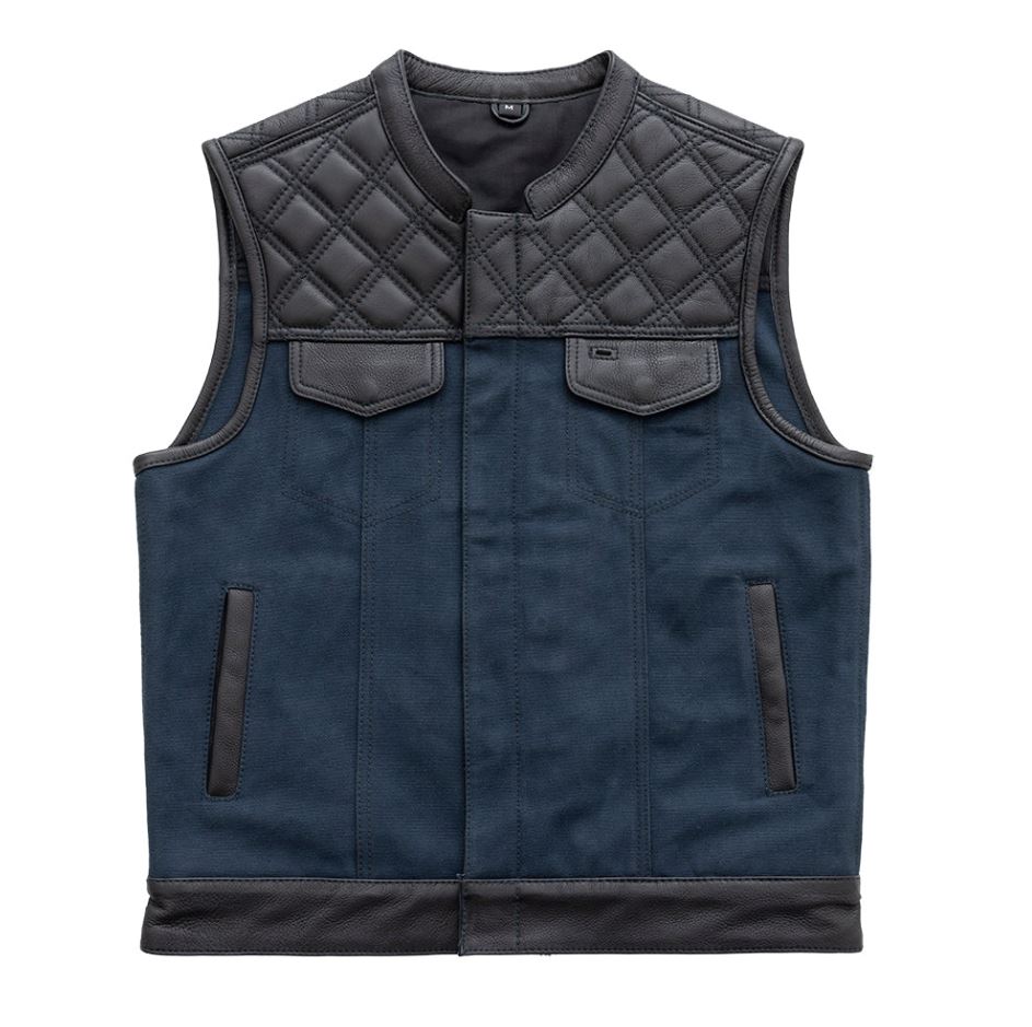 Hunt Club Motorcycle Leather & Canvas Vest Blue Biker Waistcoat Men Riding VEST