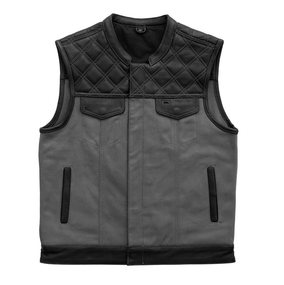 Hunt Club Motorcycle Leather & Canvas Vest Grey Men Biker Waistcoat Riding Gear