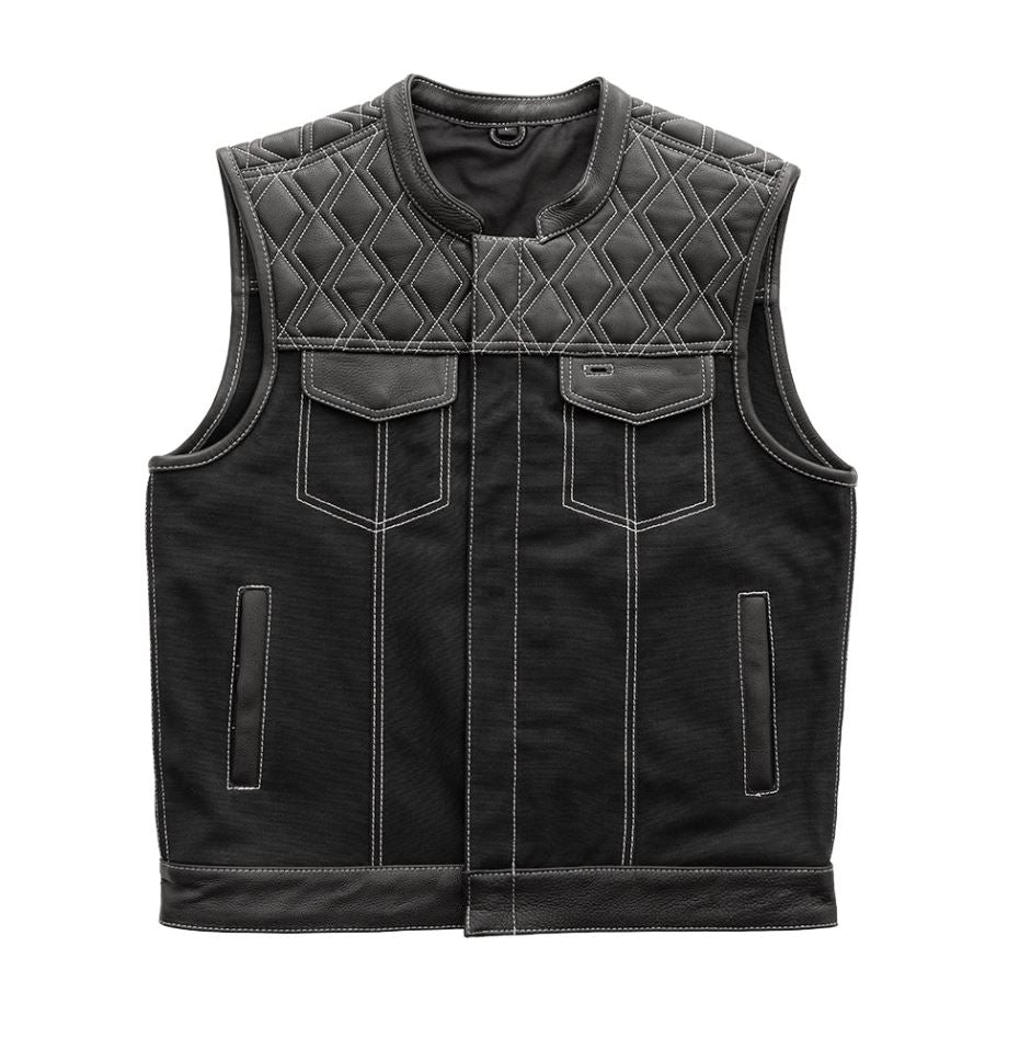 Hunt Club Motorcycle Leather & Canvas Vest White Stitch VEST Biker Waistcoat