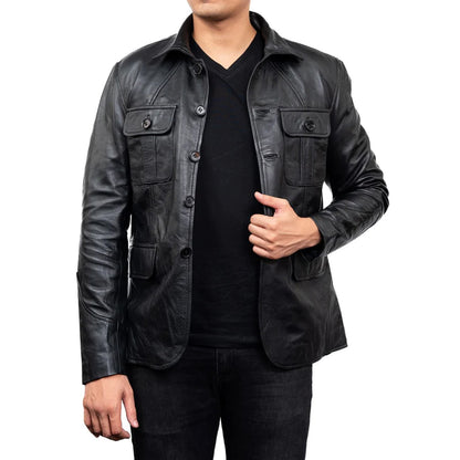 5-Button Men Lambskin Leather Blazer-Black