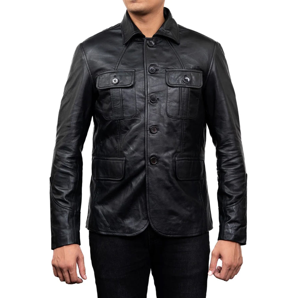 5-Button Men Lambskin Leather Blazer-Black