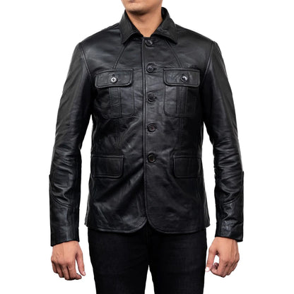 5-Button Men Lambskin Leather Blazer-Black