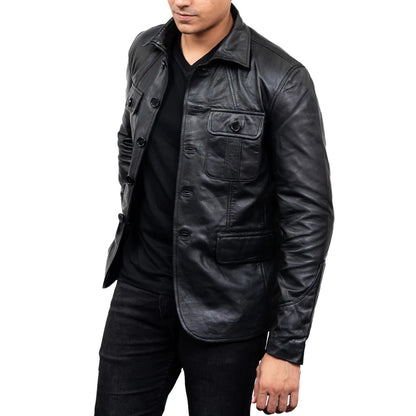 5-Button Men Lambskin Leather Blazer-Black