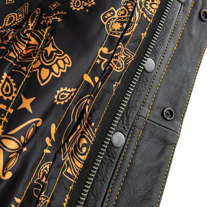 Men's Leather Vest With Black-Yellow Paisley Inner Lining Motorcycle Concealed Waistcoat