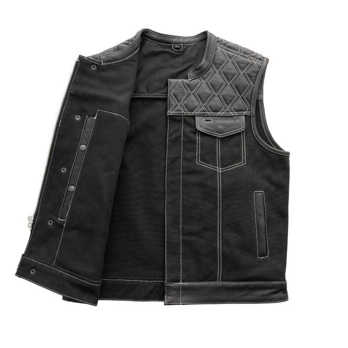 Hunt Club Motorcycle Leather & Canvas Vest White Stitch VEST Biker Waistcoat