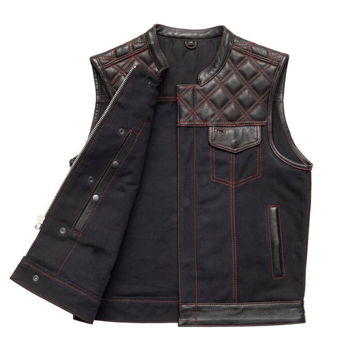 Hunt Club Motorcycle Leather & Canvas Vest Black/Red Biker Waistcoat Men Riding