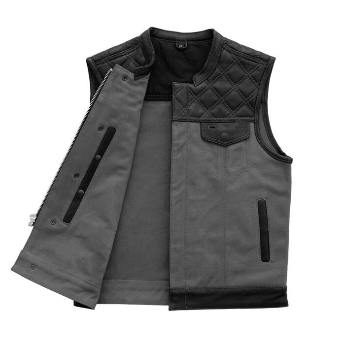Hunt Club Motorcycle Leather & Canvas Vest Grey Men Biker Waistcoat Riding Gear