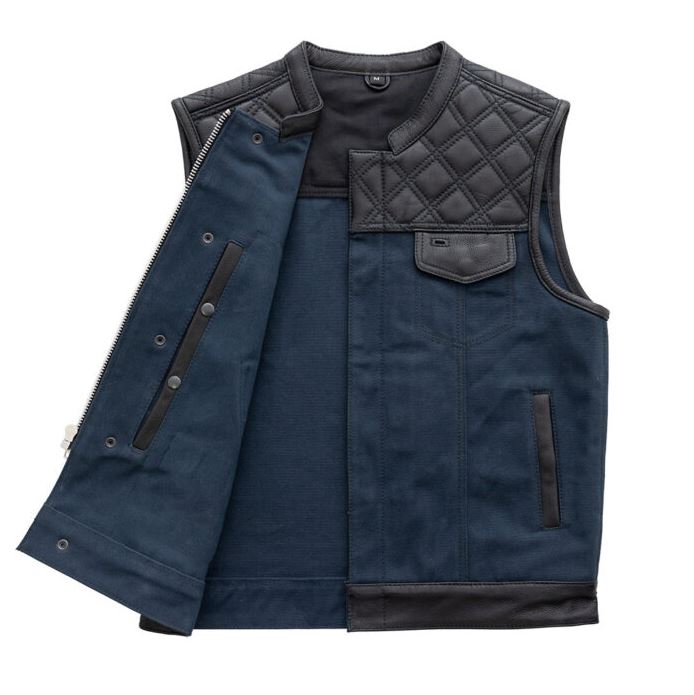 Hunt Club Motorcycle Leather & Canvas Vest Blue Biker Waistcoat Men Riding VEST