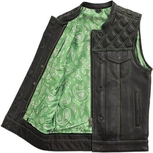 Men's Leather Vest With Green-White Paisley Lining Motorcycle Concealed Waistcoat