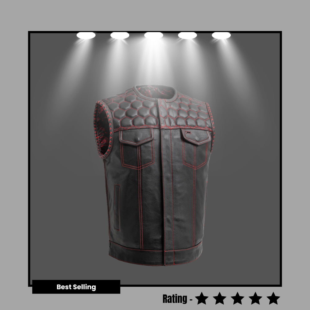 Men's Leather Vest Red paisley lining & Red Thread Concealed Waistcoat